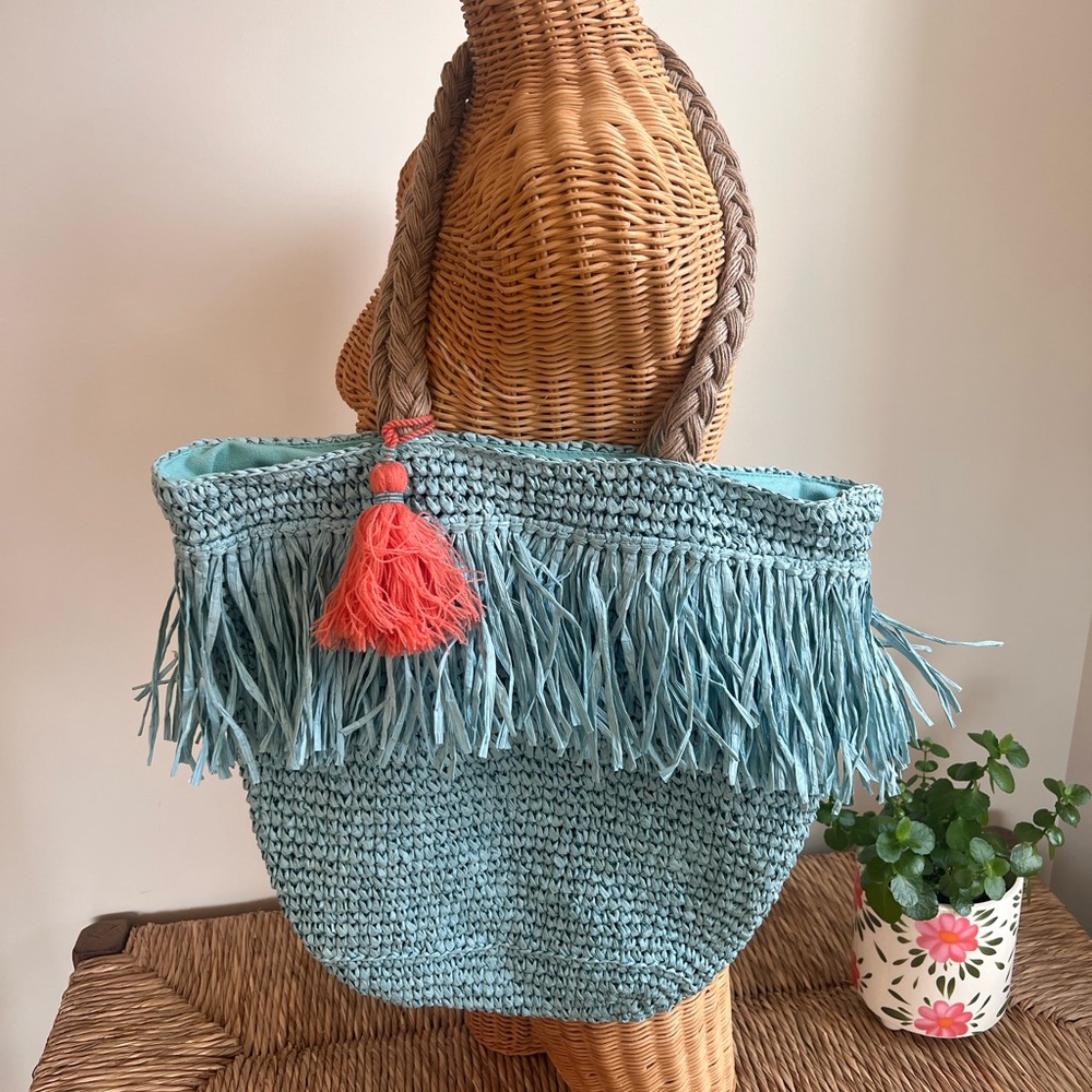 Light Blue Fringed Raffia Tote with Coral Tassel